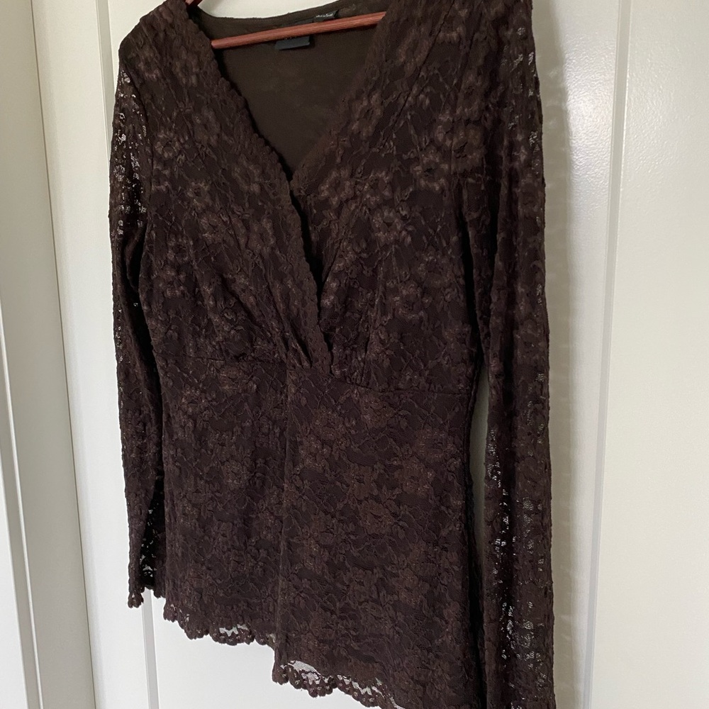 Tribal Chocolate Brown Stretch Lace Long Sleeve Top